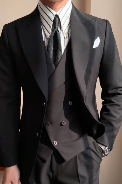 Black 3 Piece Peaked Lapel 2-Button Suit