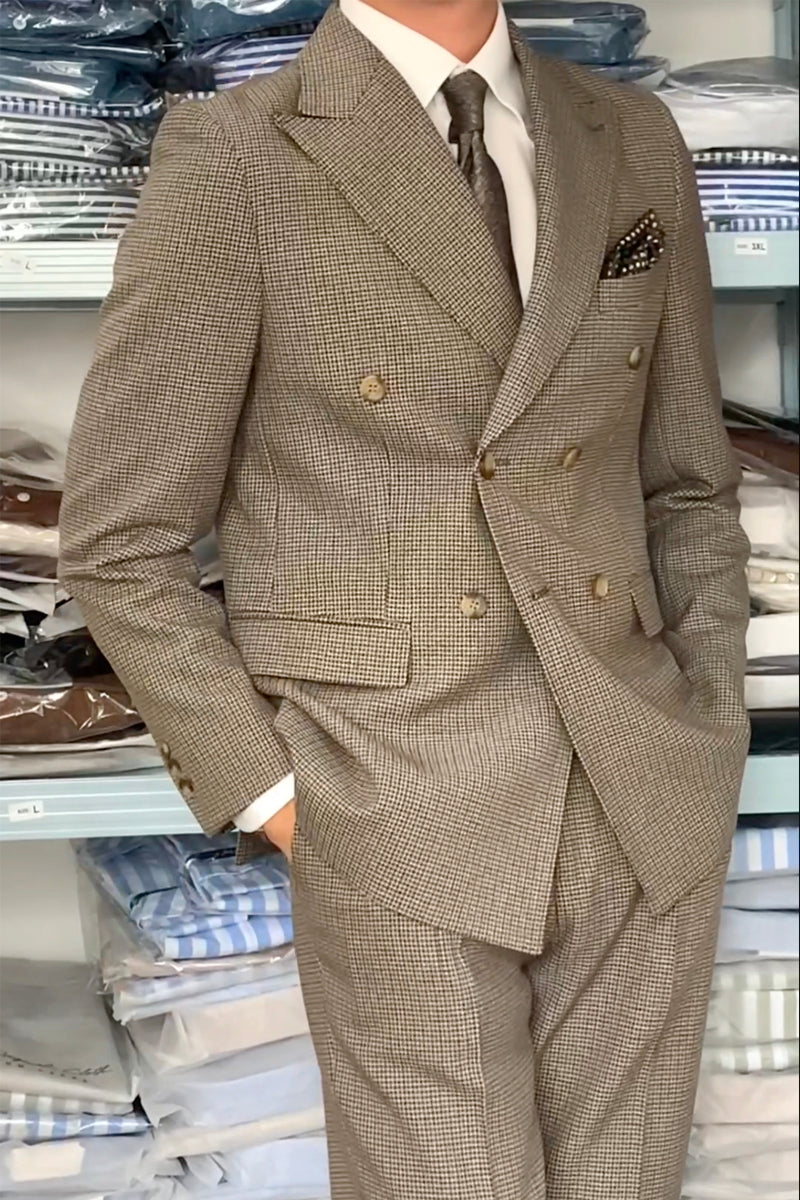 Taupe Brown 2 Piece Peaked Lapel Double Breasted Suit