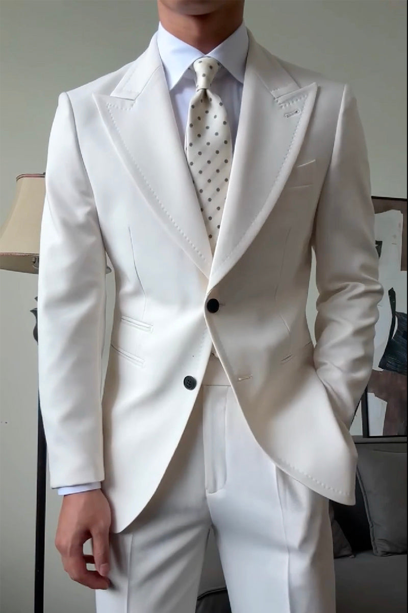 White 2 Piece Peaked Lapel 2-Button Suit