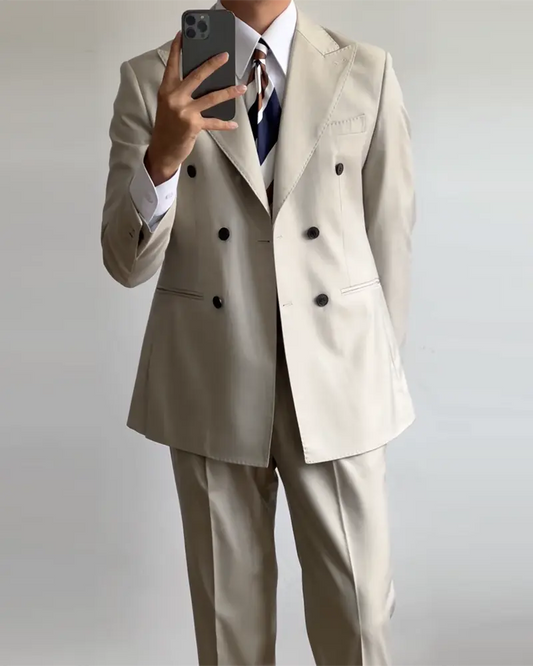 Beige Gray 2 Piece Peaked Lapel Double Breasted Suit