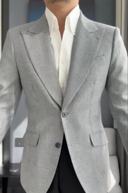 Light Gray Peaked Lapel Single Breasted Plaid Blazer Suit
