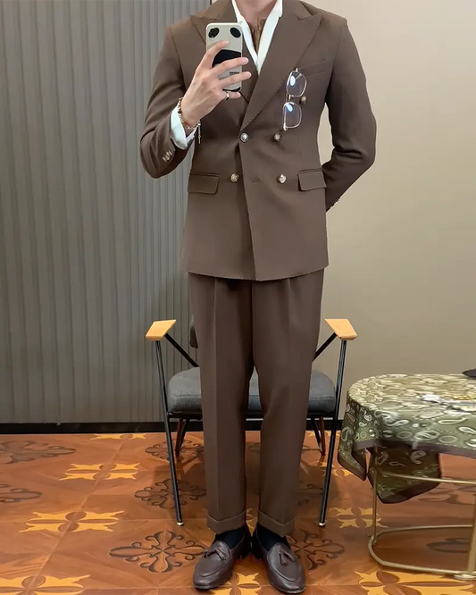 Chocolate Brown 2 Piece Peaked Lapel Double Breasted Suit