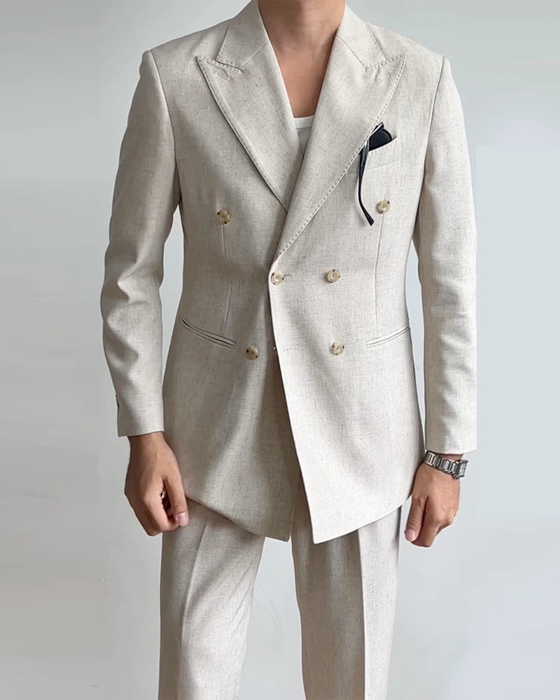 Linen White 2 Piece Peaked Lapel Double Breasted Suit