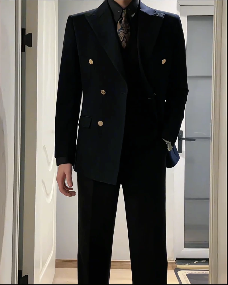 Ebony Black 2 Piece Peaked Lapel Double Breasted Suit