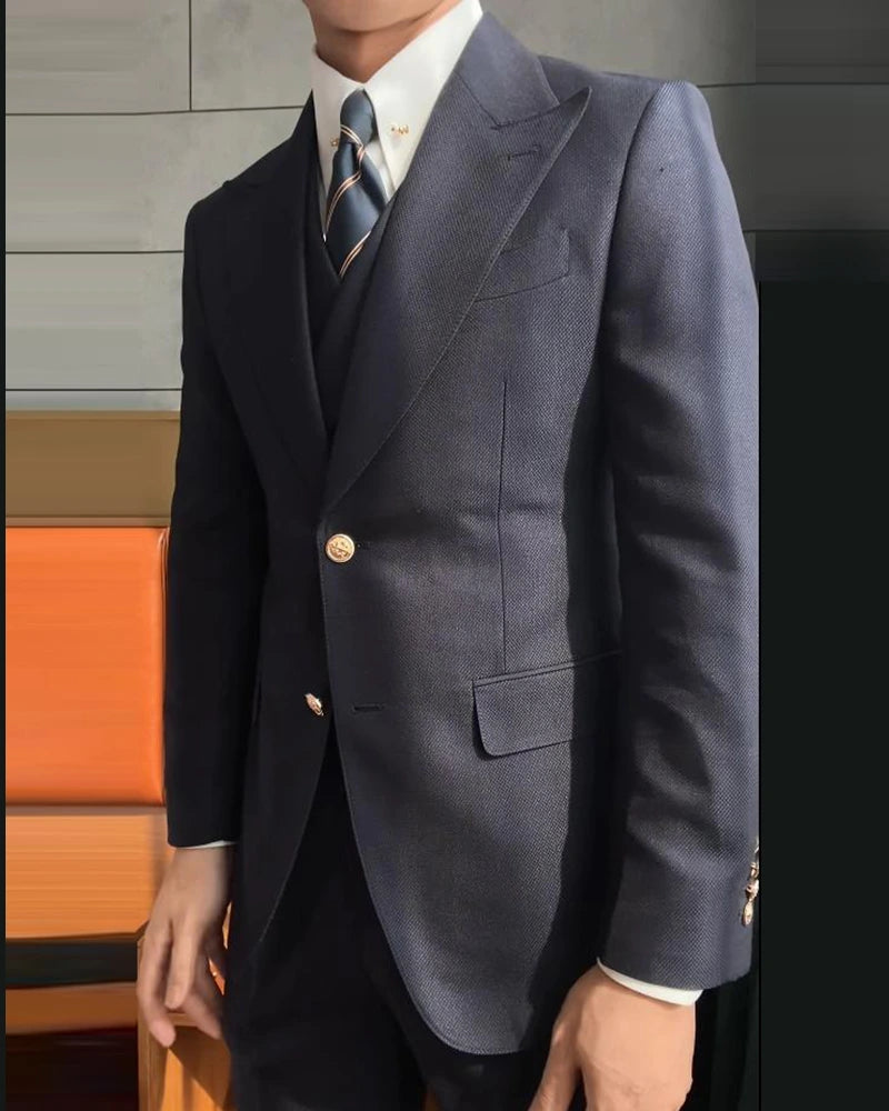 Blueberry Blue 3 Piece Peaked Lapel 2-Button Suit