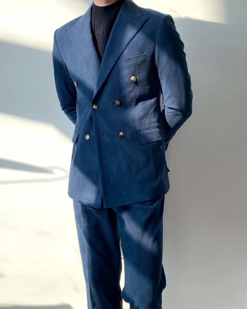 Royal Blue Pinstripe 2 Piece Peaked Lapel Double Breasted Suit