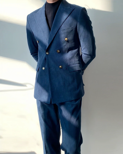 Royal Blue Pinstripe 2 Piece Peaked Lapel Double Breasted Suit