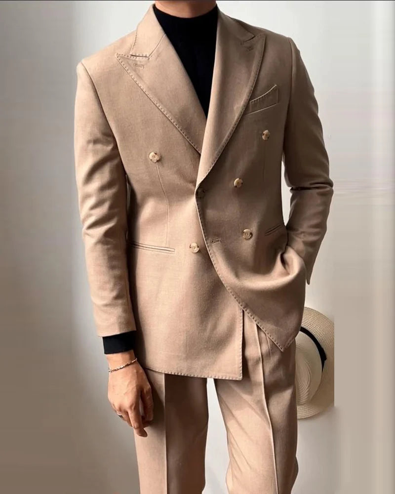 Sand Brown 2 Piece Peaked Lapel Double Breasted Suit