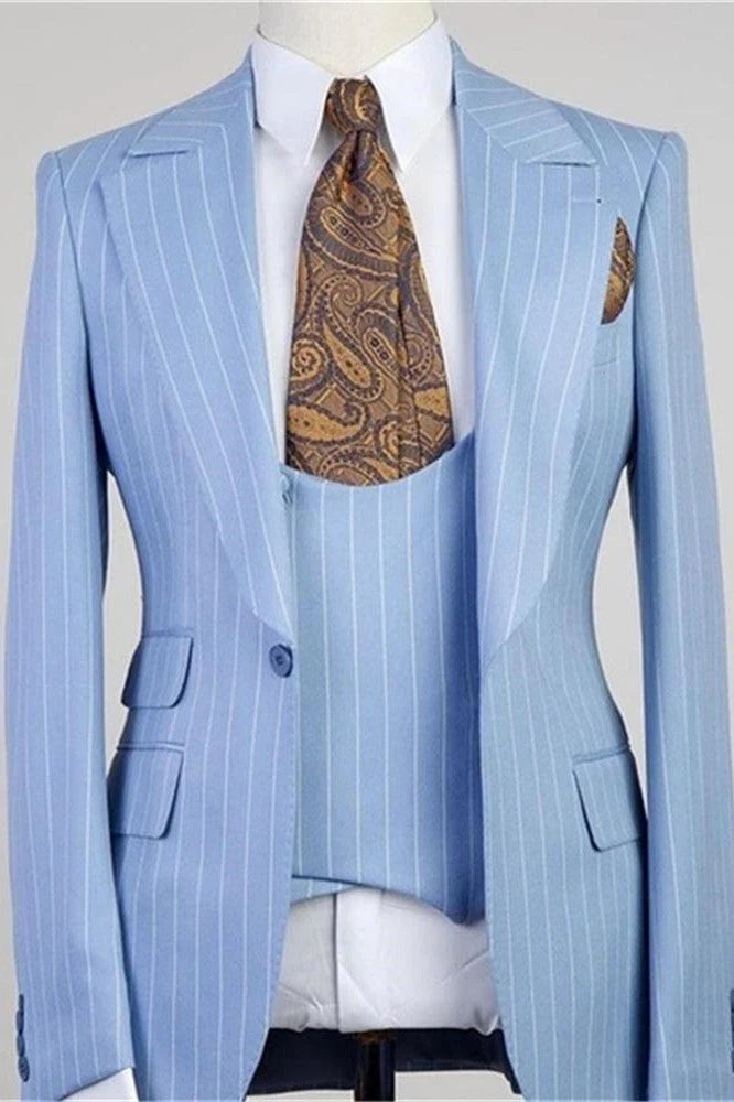 Sky Blue Pinstripe 3 Piece Notch Lapel 1-Button Suit