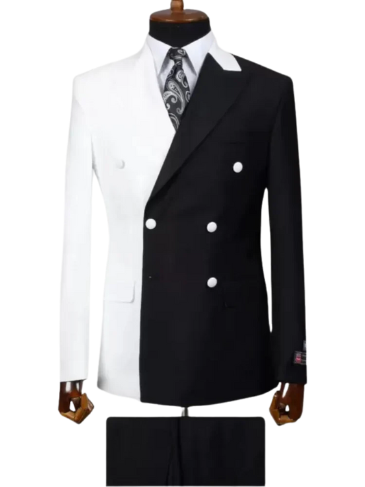 White & Black 2 Piece Peaked Lapel Double Breasted Suit