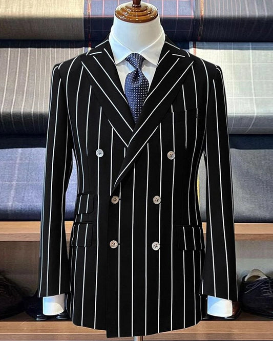 Black striped 2-piece Peak Lapel double-breasted suit