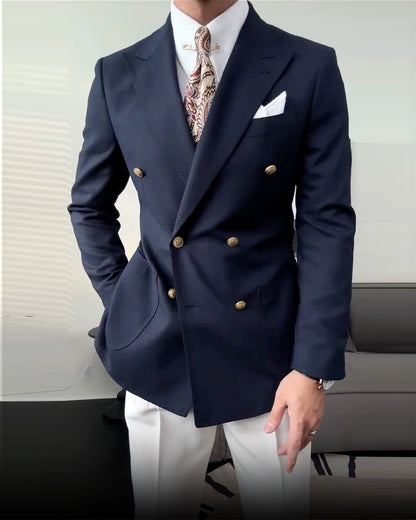 Stylish and trendy navy blue double-breasted Peak Lapel Blazer Suit