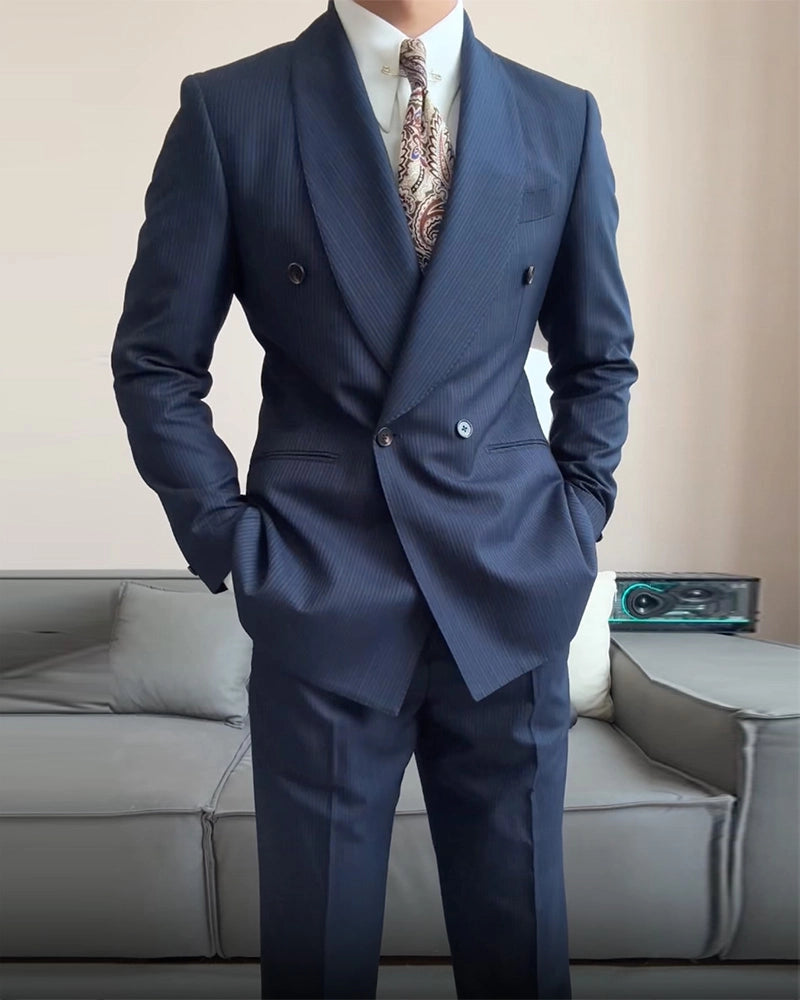 Classic navy blue striped 2-piece Shawl Lapel suit