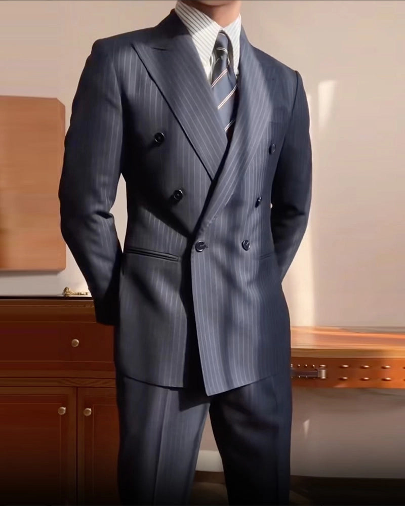 Navy blue striped 2-piece double breasted Peak Lapel suit
