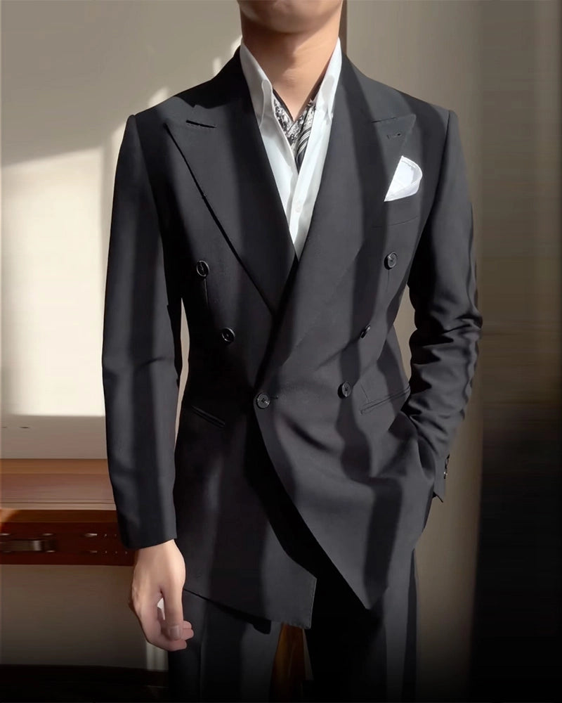 Classic Black 2 Piece Double Breasted Peak Lapel Suit