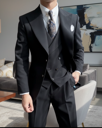 Classic Black 2-Button Peaked Lapel 3-Piece Suit