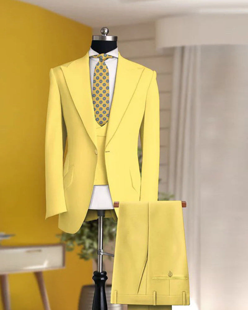 Bright Yellow 3 Piece Peak Lapel 1 Button Slim Suit