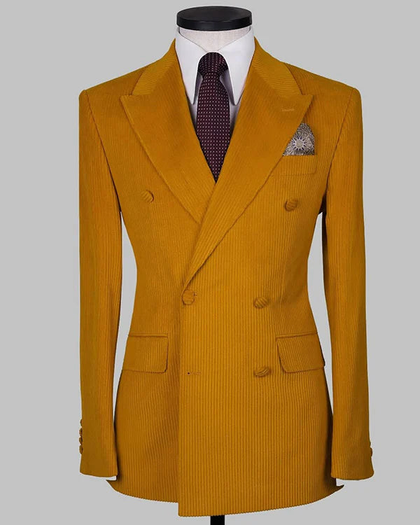 Mustard Yellow Double-Breasted Peak Lapel Corduroy Suit