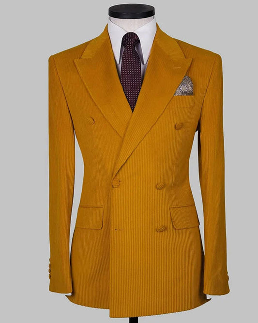Mustard Yellow Double-Breasted Peak Lapel Corduroy Suit