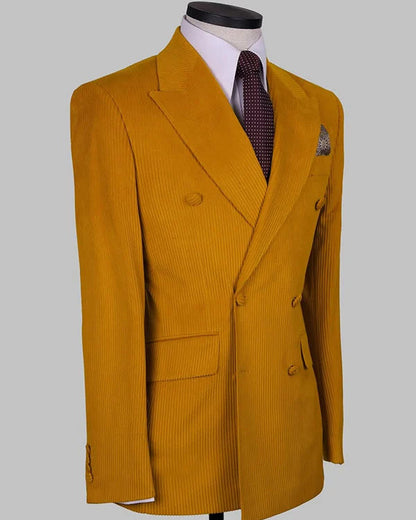 Mustard Yellow Double-Breasted Peak Lapel Corduroy Suit