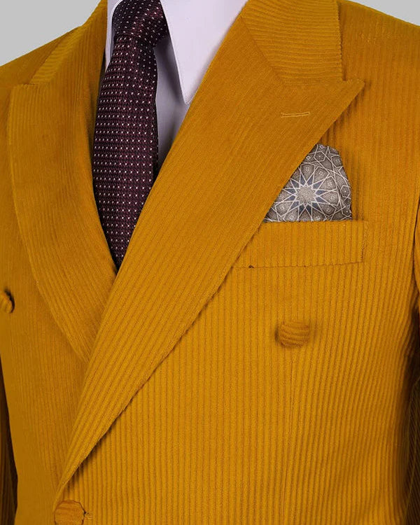 Mustard Yellow Double-Breasted Peak Lapel Corduroy Suit