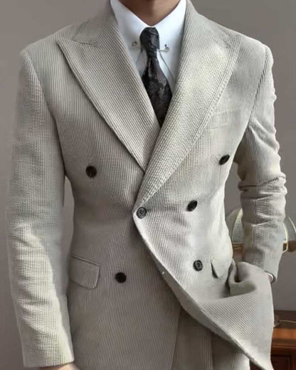 Beige Pinstripe Double-Breasted Suit – Modern Peak Lapel Men’s 2-Piece