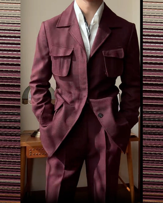 Men’s Burgundy Single-Breasted Peak Lapel 2-Piece Suit – Smart Casual Style