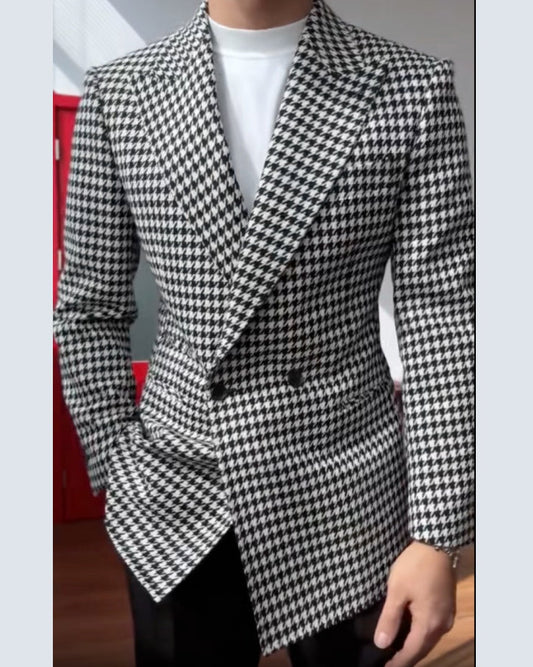 Men’s Black & White Plaid Double-Breasted 2-Piece Suit – Modern Slim Fit Formal Suit