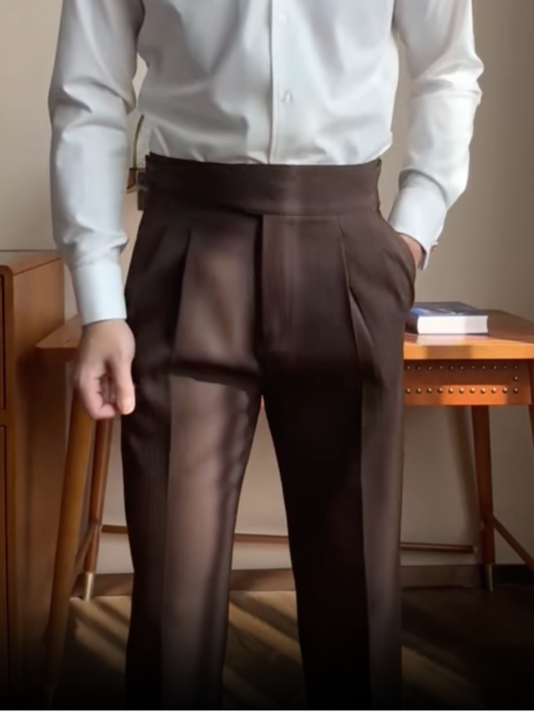 Men’s Brown High-Waist Pleated Dress Pants – Classic Formal Straight-Leg Trousers