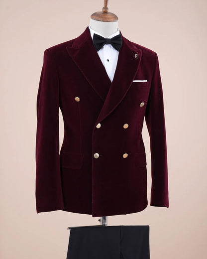 Burgundy Velvet Double-Breasted Peak Lapel Tuxedo Suit – Prom & Wedding Blazer