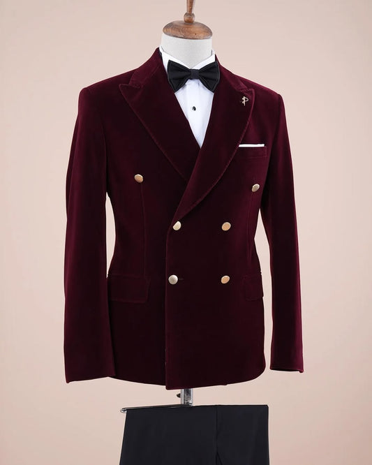 Burgundy Velvet Double-Breasted Peak Lapel Tuxedo Suit – Prom & Wedding Blazer