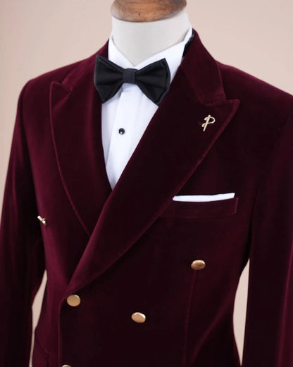Burgundy Velvet Double-Breasted Peak Lapel Tuxedo Suit – Prom & Wedding Blazer