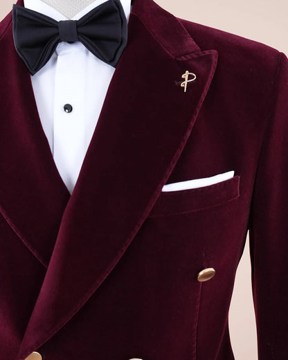 Burgundy Velvet Double-Breasted Peak Lapel Tuxedo Suit – Prom & Wedding Blazer