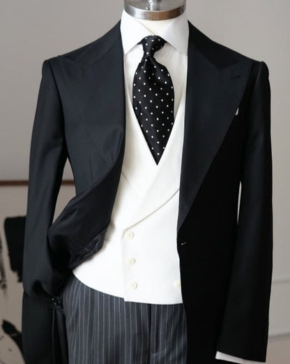 Black One-Button Peak Lapel Longline 3-Piece Tuxedo Suit