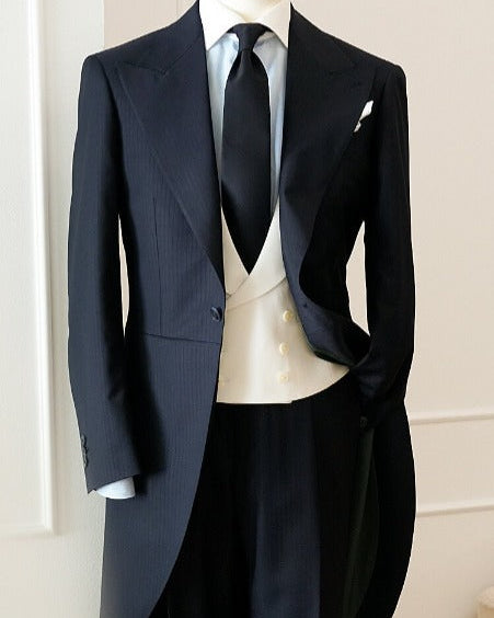 Black One-Button Peak Lapel Longline 3-Piece Tuxedo Suit