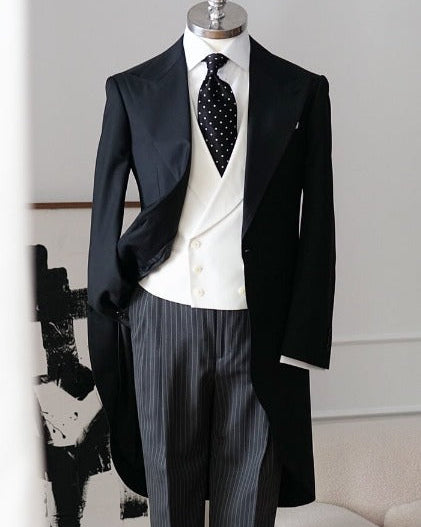 Black One-Button Peak Lapel Longline 3-Piece Tuxedo Suit
