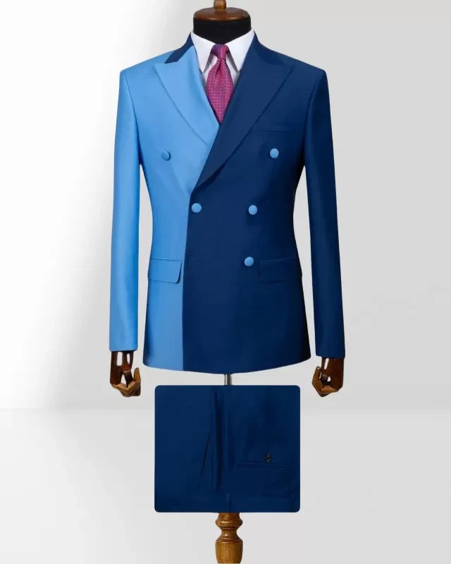Two-tone Double-breasted 2-piece Suit Blue / Navy