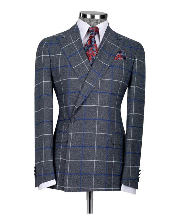 Grey Blue Plaid Peak Lapel 2-piece Suit for Prom