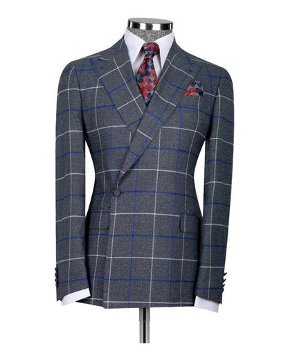 Grey Blue Plaid Peak Lapel 2-piece Suit for Prom