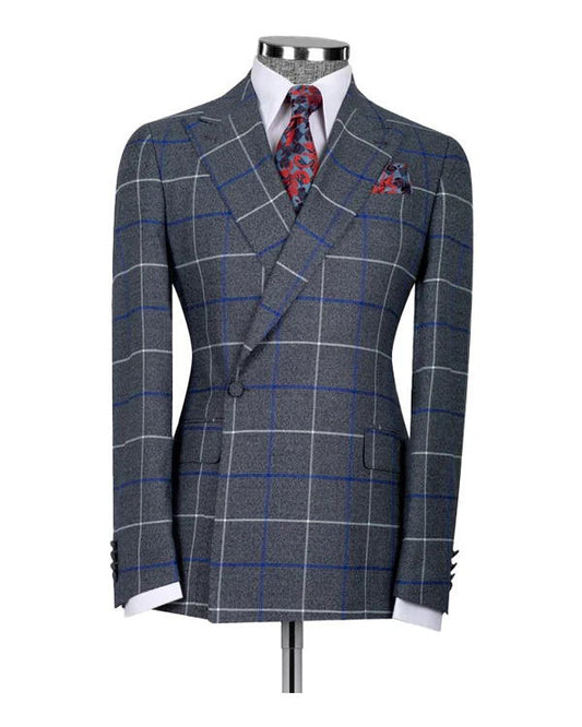 Grey Blue Plaid Peak Lapel 2-piece Suit for Prom