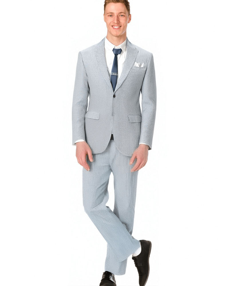 Traje de seersucker azul con solapa con muesca