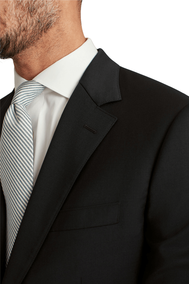 Costume en laine extensible noire à revers crantés et 2 boutons 