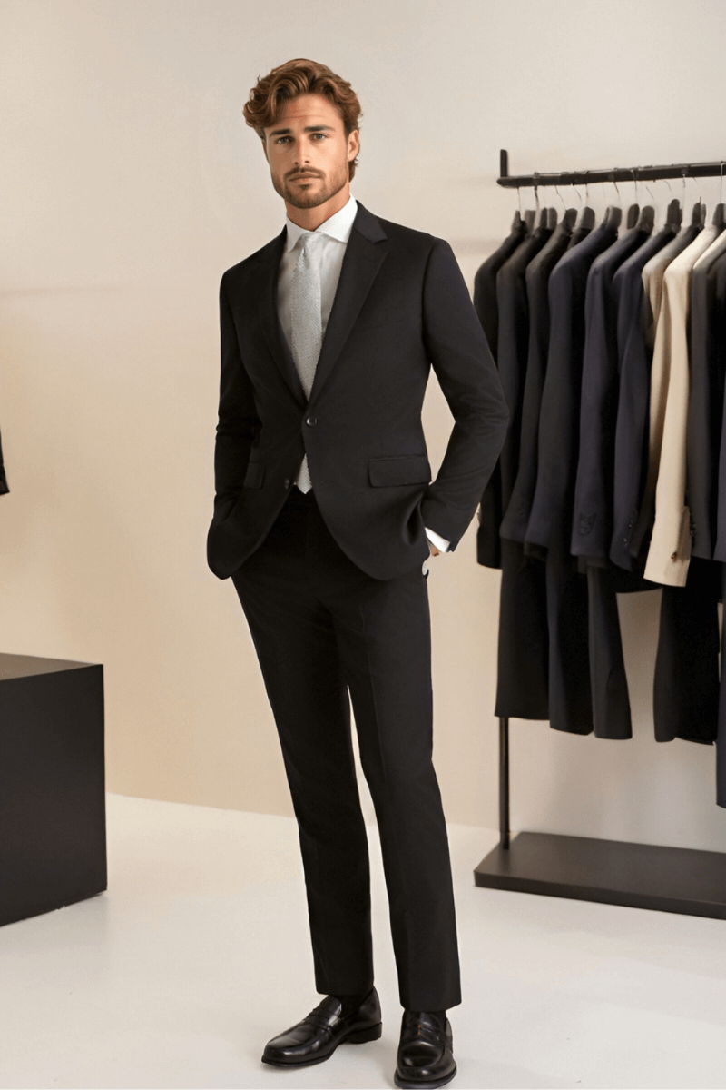 BLack Wool Stretch 2-Button Notch Lapel Suit