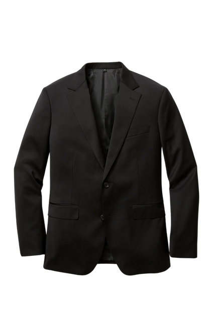 Costume en laine extensible noire à revers crantés et 2 boutons 