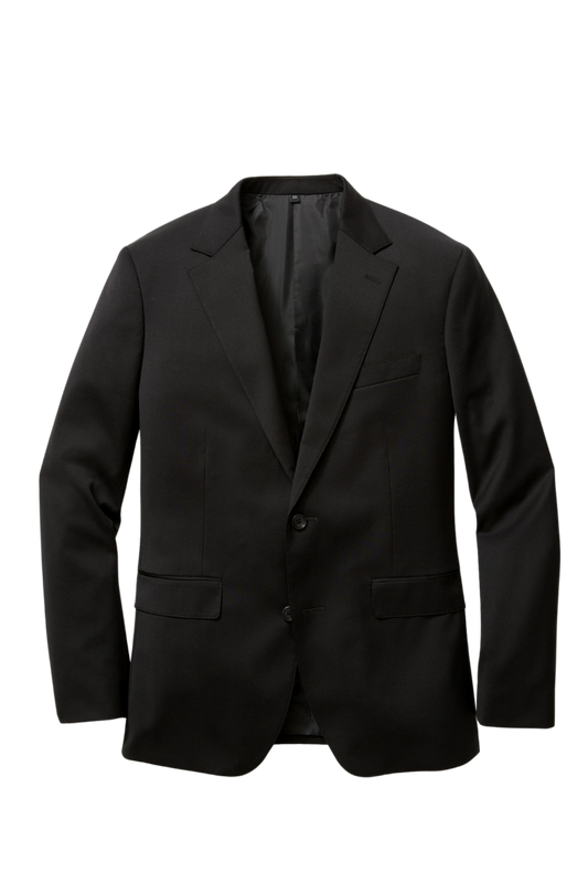 Schwarzer Anzug aus Wollstretch mit 2 Knöpfen und Revers 