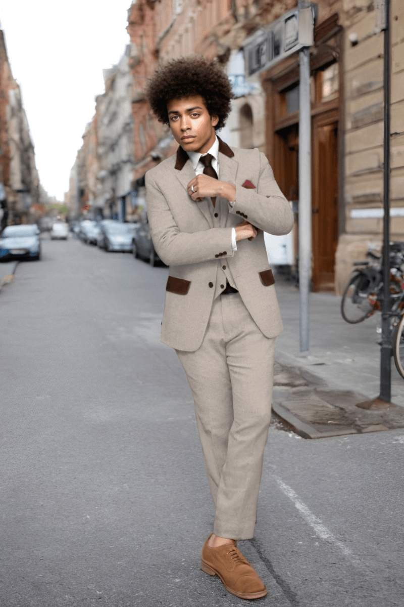 Beige Herringbone Tweed With Leather Trims 2-Piece Suit