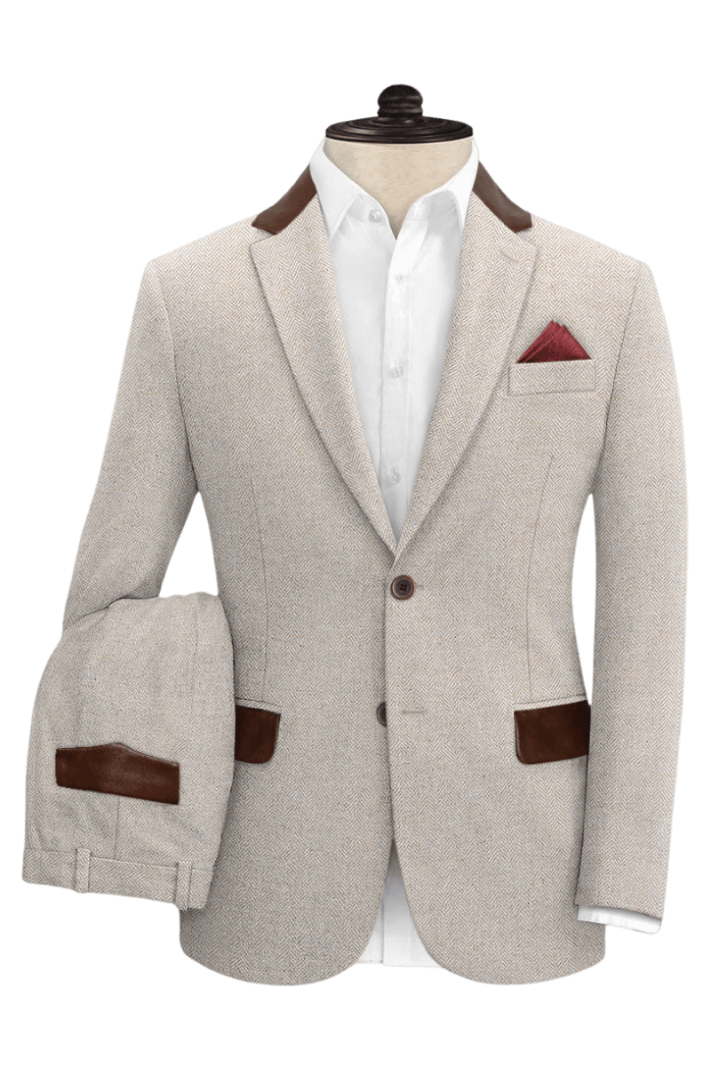 Beige Herringbone Tweed With Leather Trims 2-Piece Suit