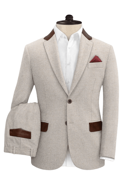 Beige Herringbone Tweed With Leather Trims 2-Piece Suit