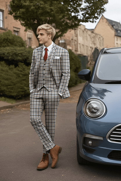 Beige Plaid 2-Button Wool 3-Piece Suit