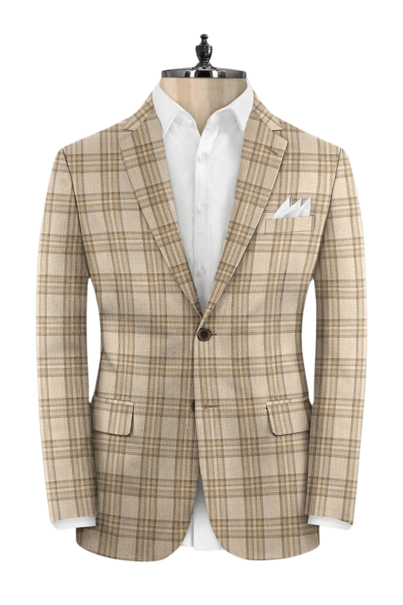 Beige Plaid Wool Single Vent Suit